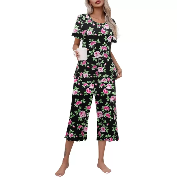 Ekouaer Womens Pajamas Set Short Sleeve Sleepwear Top Capri Pants Pjs Sets Soft Loungewear SXXLBlack With Pink Flower