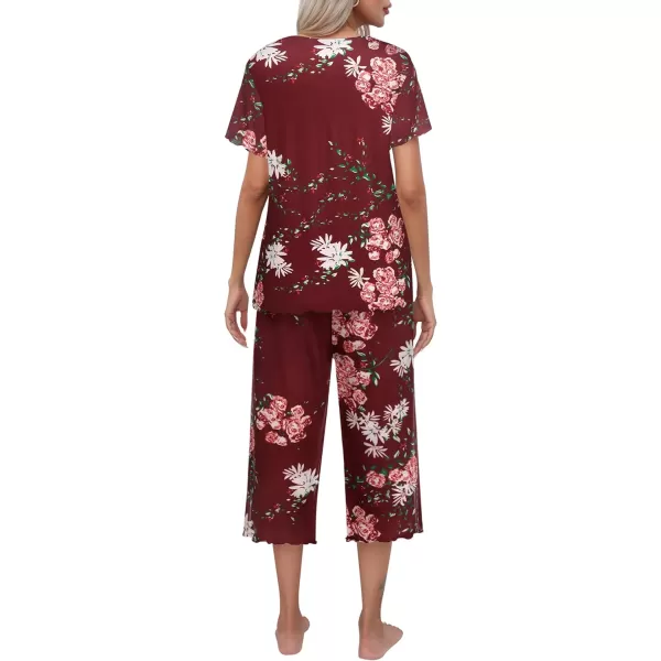 Ekouaer Womens Pajamas Set Short Sleeve Sleepwear Top Capri Pants Pjs Sets Soft Loungewear SXXLFloral Wine