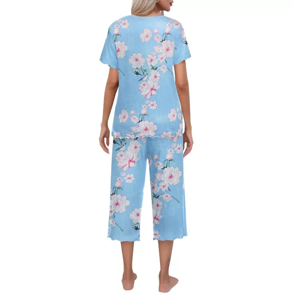 Ekouaer Womens Pajamas Set Short Sleeve Sleepwear Top Capri Pants Pjs Sets Soft Loungewear SXXLFlower Light Blue