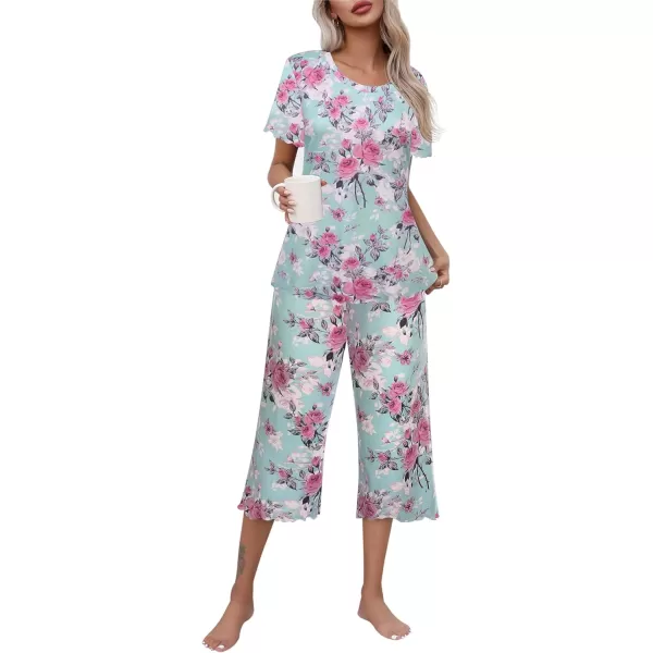 Ekouaer Womens Pajamas Set Short Sleeve Sleepwear Top Capri Pants Pjs Sets Soft Loungewear SXXLMnit Green Flower