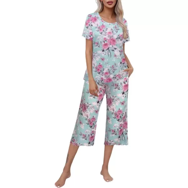 Ekouaer Womens Pajamas Set Short Sleeve Sleepwear Top Capri Pants Pjs Sets Soft Loungewear SXXLMnit Green Flower