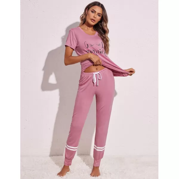 Ekouaer Womens Pajamas Set Short Sleeve Sleepwear Tops with Long Pants Pjs Set Print NightwearDark Pink