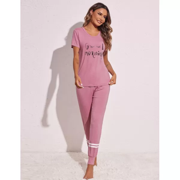 Ekouaer Womens Pajamas Set Short Sleeve Sleepwear Tops with Long Pants Pjs Set Print NightwearDark Pink