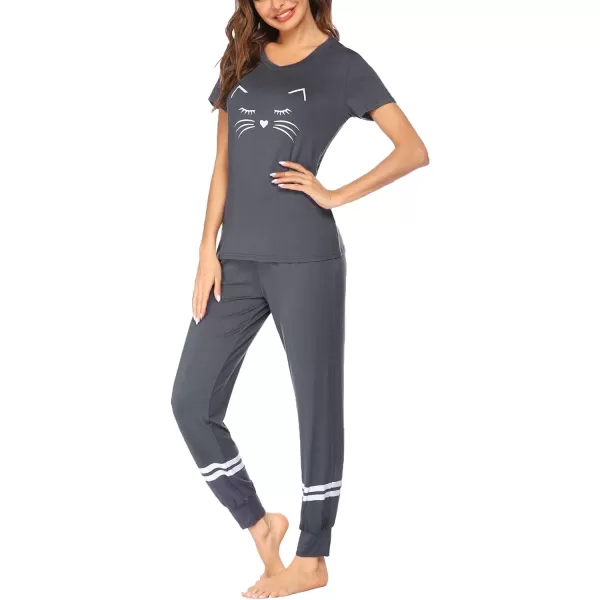 Ekouaer Womens Pajamas Set Short Sleeve Sleepwear Tops with Long Pants Pjs Set Print NightwearDeep Grey