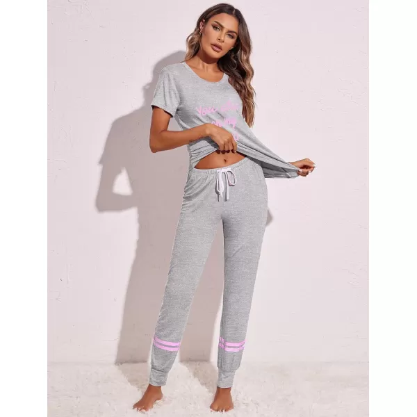 Ekouaer Womens Pajamas Set Short Sleeve Sleepwear Tops with Long Pants Pjs Set Print NightwearLight Grey2