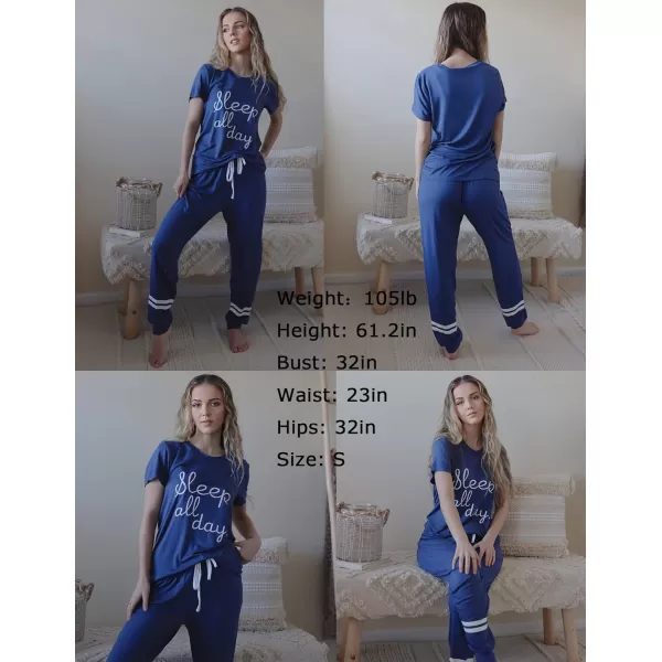 Ekouaer Womens Pajamas Set Short Sleeve Sleepwear Tops with Long Pants Pjs Set Print NightwearNavy