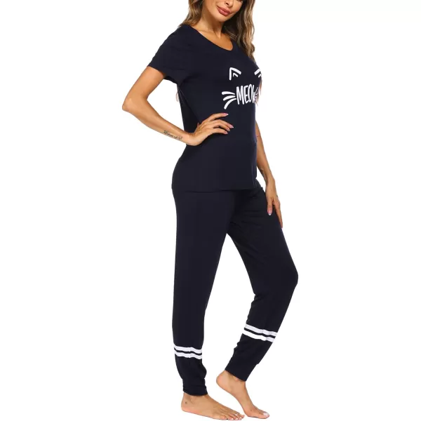 Ekouaer Womens Pajamas Set Short Sleeve Sleepwear Tops with Long Pants Pjs Set Print NightwearNavy Blue