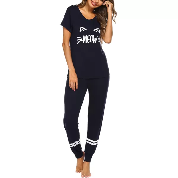 Ekouaer Womens Pajamas Set Short Sleeve Sleepwear Tops with Long Pants Pjs Set Print NightwearNavy Blue