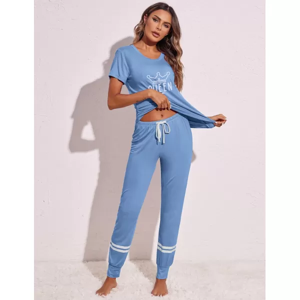 Ekouaer Womens Pajamas Set Short Sleeve Sleepwear Tops with Long Pants Pjs Set Print NightwearSky Blue