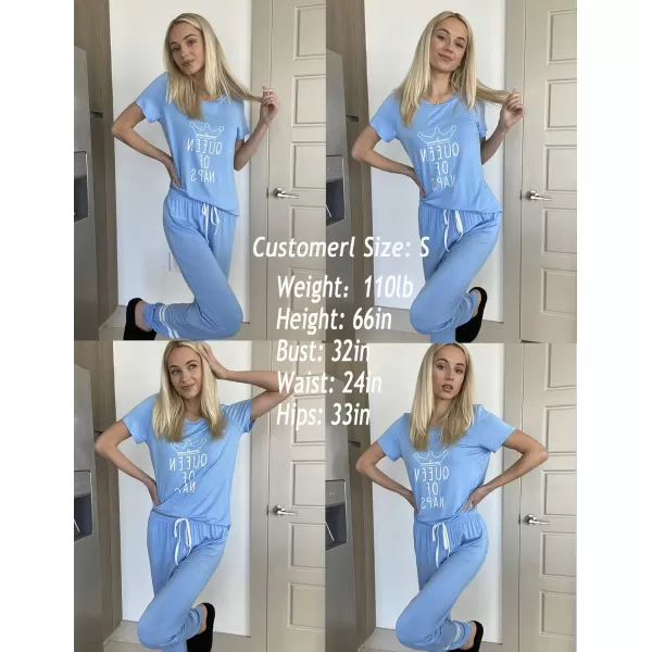 Ekouaer Womens Pajamas Set Short Sleeve Sleepwear Tops with Long Pants Pjs Set Print NightwearSky Blue