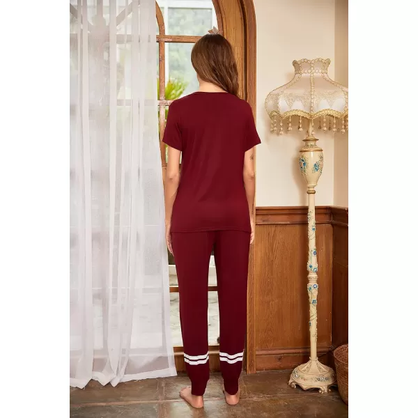 Ekouaer Womens Pajamas Set Short Sleeve Sleepwear Tops with Long Pants Pjs Set Print NightwearWine Red