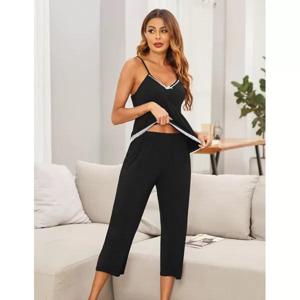 Ekouaer Womens Pajamas Set VNeck Cami Top and Capris Pants Sleepwear Pjs Set SXXL01 Black