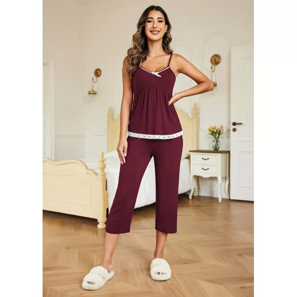 Ekouaer Womens Pajamas Set VNeck Cami Top and Capris Pants Sleepwear Pjs Set SXXL01 Wine Red