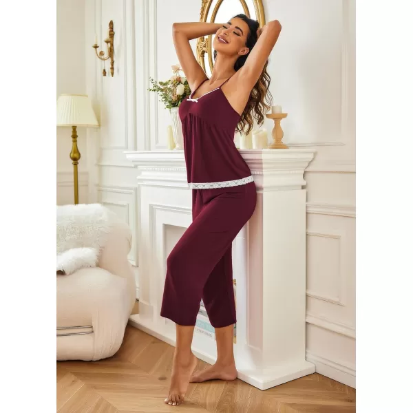 Ekouaer Womens Pajamas Set VNeck Cami Top and Capris Pants Sleepwear Pjs Set SXXL01 Wine Red