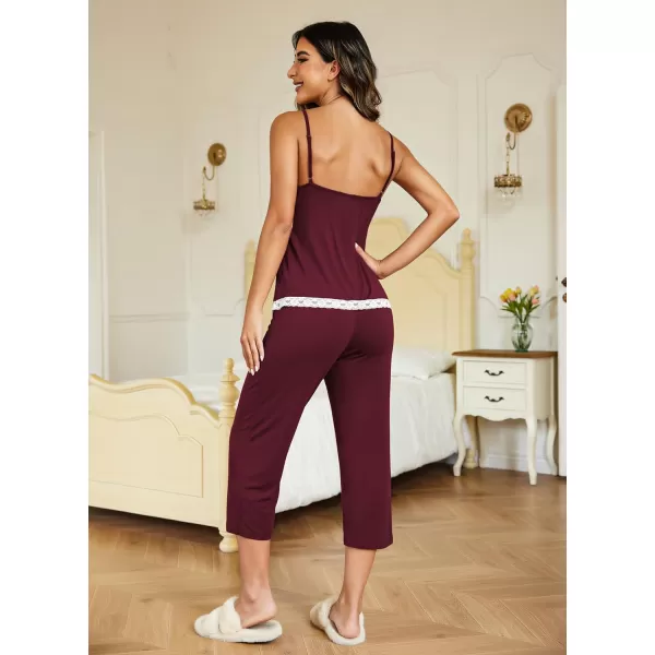 Ekouaer Womens Pajamas Set VNeck Cami Top and Capris Pants Sleepwear Pjs Set SXXL01 Wine Red