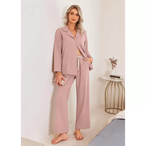 Ekouaer Womens Pajamas Sets Long Sleeve Sleepwear Button Down Shirts and Pants 2 Piece Loungewear Matching Sets with PocketsDusty Pink