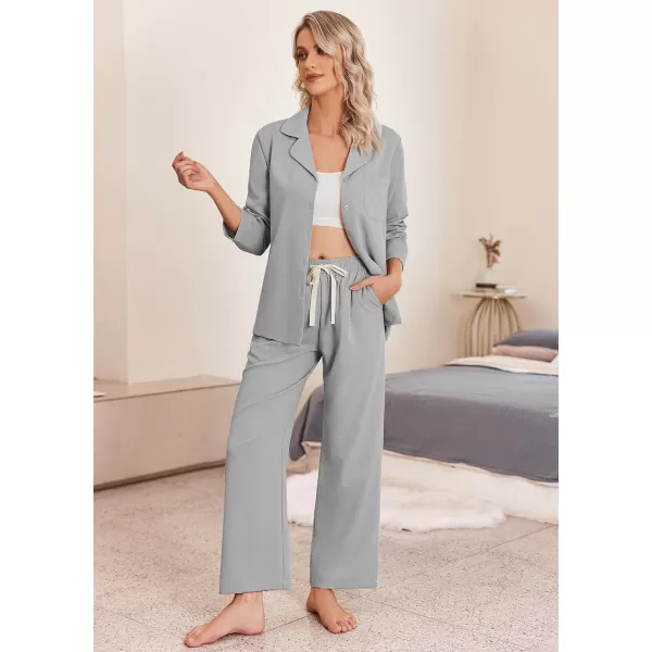 Ekouaer Womens Pajamas Sets Long Sleeve Sleepwear Button Down Shirts and Pants 2 Piece Loungewear Matching Sets with PocketsGrey