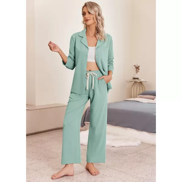 Ekouaer Womens Pajamas Sets Long Sleeve Sleepwear Button Down Shirts and Pants 2 Piece Loungewear Matching Sets with PocketsLightgreen