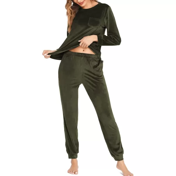 Ekouaer Womens Pajamas Sets Long Sleeve Soft Warm Sleepwear 2 Piece Velvet Pjs Lounge Sets with PocketsArmy Green