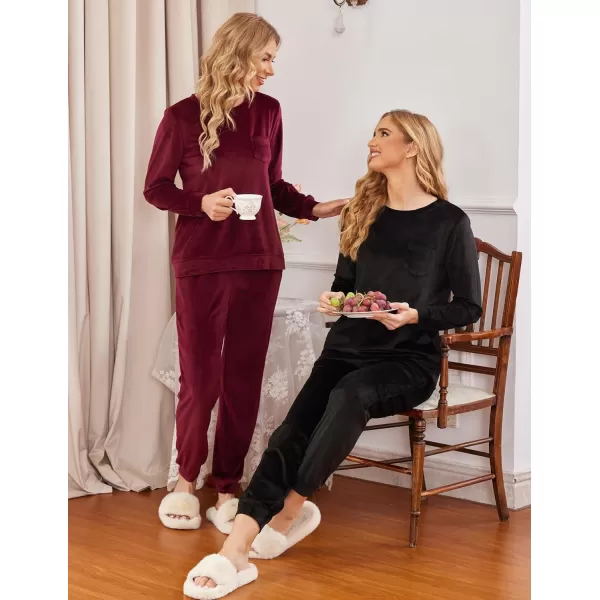 Ekouaer Womens Pajamas Sets Long Sleeve Soft Warm Sleepwear 2 Piece Velvet Pjs Lounge Sets with PocketsBlack