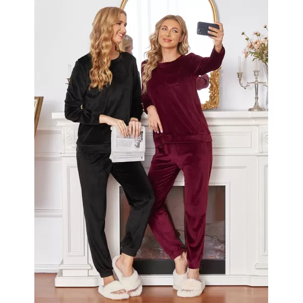 Ekouaer Womens Pajamas Sets Long Sleeve Soft Warm Sleepwear 2 Piece Velvet Pjs Lounge Sets with PocketsBlack