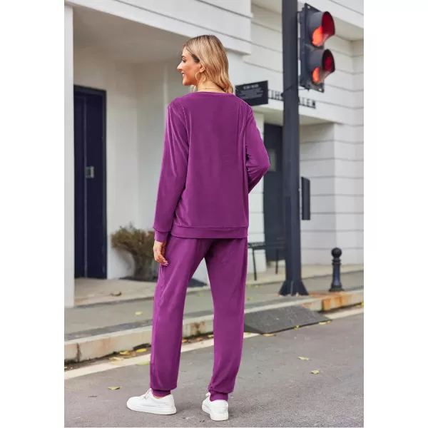 Ekouaer Womens Pajamas Sets Long Sleeve Soft Warm Sleepwear 2 Piece Velvet Pjs Lounge Sets with PocketsDark Purple