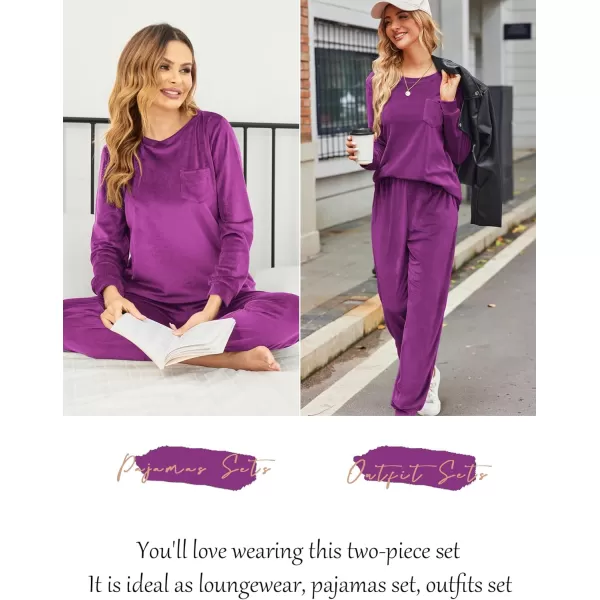 Ekouaer Womens Pajamas Sets Long Sleeve Soft Warm Sleepwear 2 Piece Velvet Pjs Lounge Sets with PocketsDark Purple