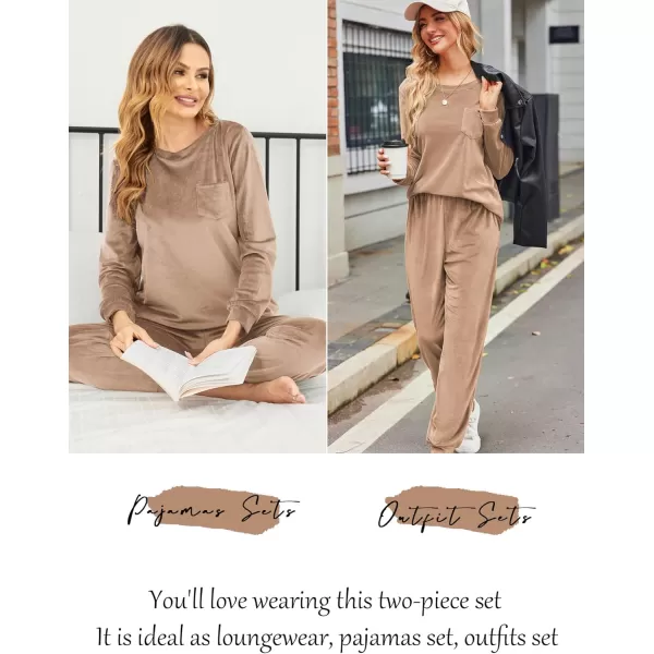 Ekouaer Womens Pajamas Sets Long Sleeve Soft Warm Sleepwear 2 Piece Velvet Pjs Lounge Sets with PocketsKhaki