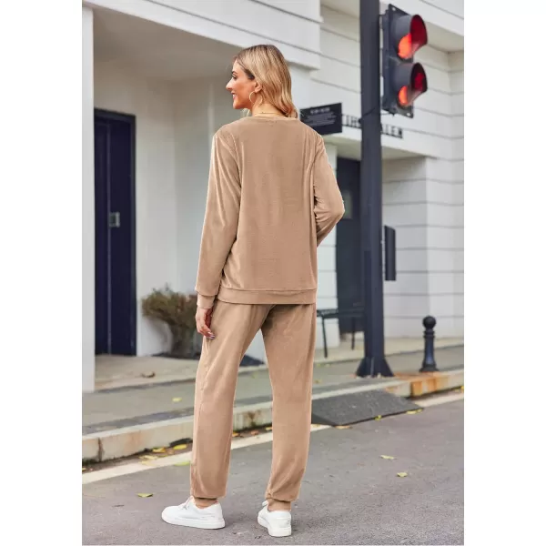 Ekouaer Womens Pajamas Sets Long Sleeve Soft Warm Sleepwear 2 Piece Velvet Pjs Lounge Sets with PocketsKhaki