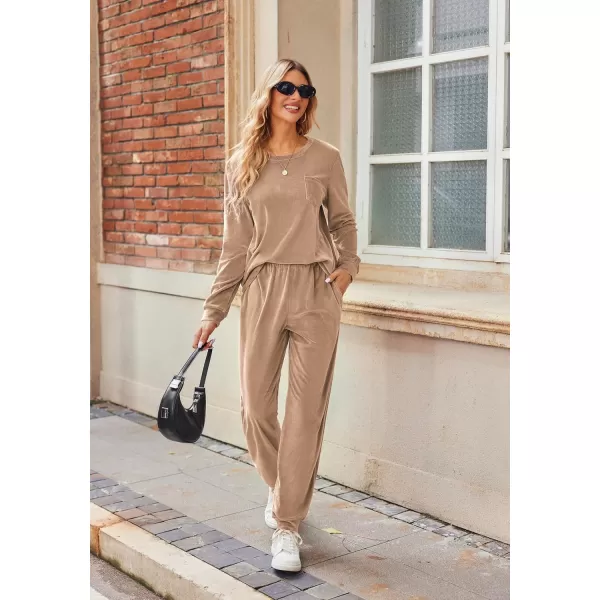 Ekouaer Womens Pajamas Sets Long Sleeve Soft Warm Sleepwear 2 Piece Velvet Pjs Lounge Sets with PocketsKhaki