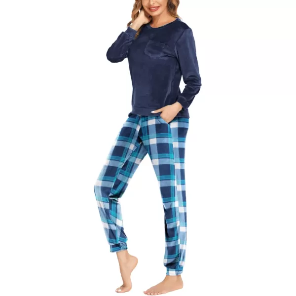 Ekouaer Womens Pajamas Sets Long Sleeve Soft Warm Sleepwear 2 Piece Velvet Pjs Lounge Sets with PocketsPlaid Blue