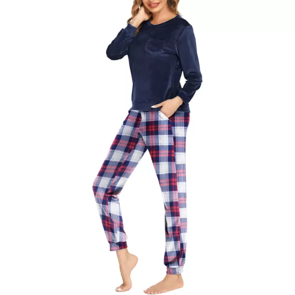 Ekouaer Womens Pajamas Sets Long Sleeve Soft Warm Sleepwear 2 Piece Velvet Pjs Lounge Sets with PocketsPlaid Navy