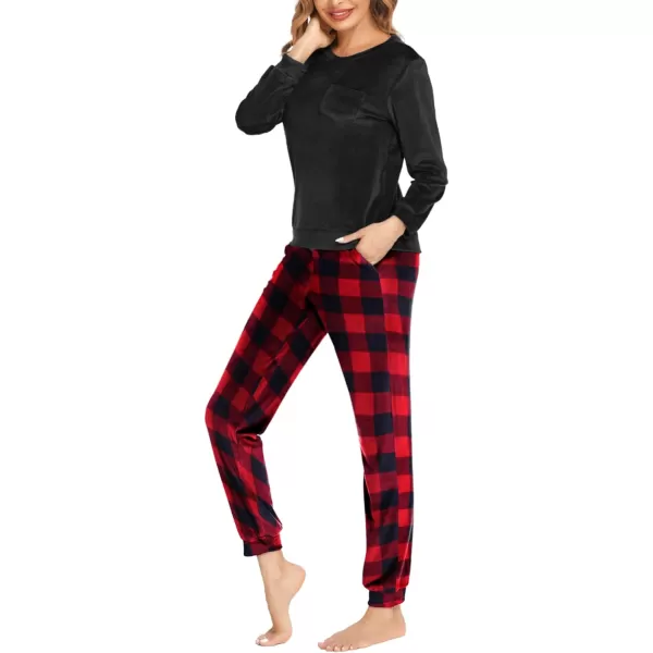 Ekouaer Womens Pajamas Sets Long Sleeve Soft Warm Sleepwear 2 Piece Velvet Pjs Lounge Sets with PocketsPlaid Red