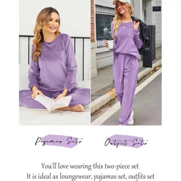 Ekouaer Womens Pajamas Sets Long Sleeve Soft Warm Sleepwear 2 Piece Velvet Pjs Lounge Sets with PocketsPurple