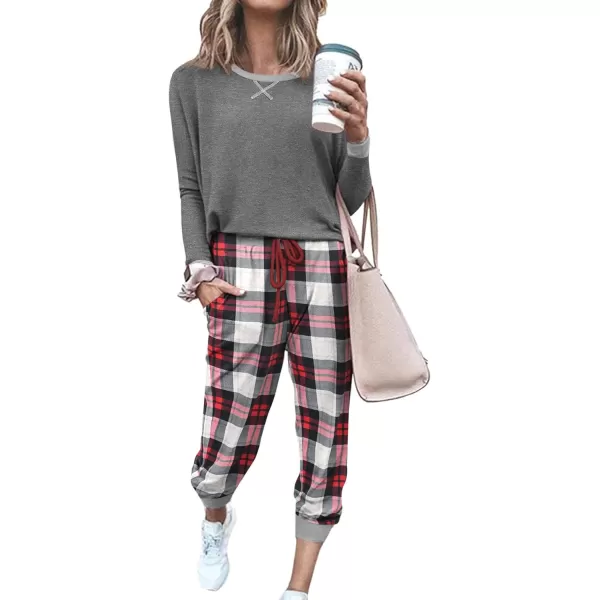 Ekouaer Womens Pajamas Sets Long Sleeve with Plaid Pants Soft Sleepwear O Neck 2 Piece Pjs Joggers Loung Set with Pockets1pat1