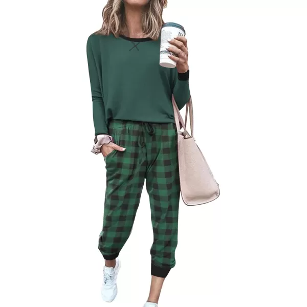 Ekouaer Womens Pajamas Sets Long Sleeve with Plaid Pants Soft Sleepwear O Neck 2 Piece Pjs Joggers Loung Set with Pockets1pat14