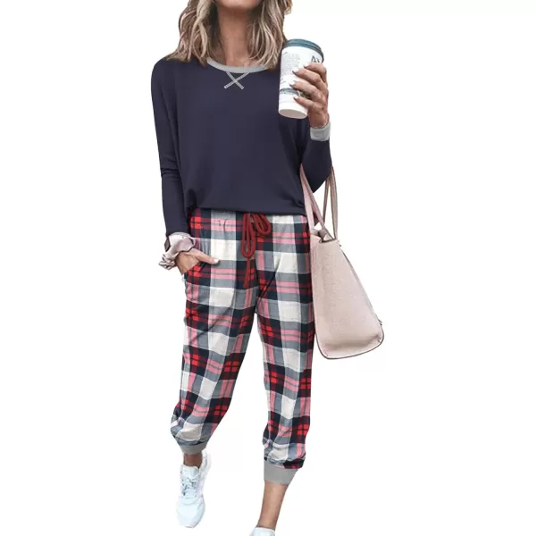 Ekouaer Womens Pajamas Sets Long Sleeve with Plaid Pants Soft Sleepwear O Neck 2 Piece Pjs Joggers Loung Set with Pockets1pat2