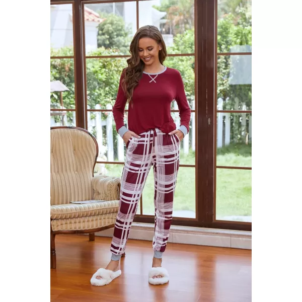 Ekouaer Womens Pajamas Sets Long Sleeve with Plaid Pants Soft Sleepwear O Neck 2 Piece Pjs Joggers Loung Set with Pockets1pat3