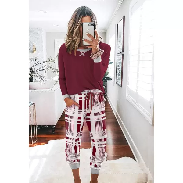 Ekouaer Womens Pajamas Sets Long Sleeve with Plaid Pants Soft Sleepwear O Neck 2 Piece Pjs Joggers Loung Set with Pockets1pat3