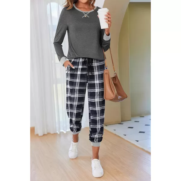 Ekouaer Womens Pajamas Sets Long Sleeve with Plaid Pants Soft Sleepwear O Neck 2 Piece Pjs Joggers Loung Set with PocketsPat17