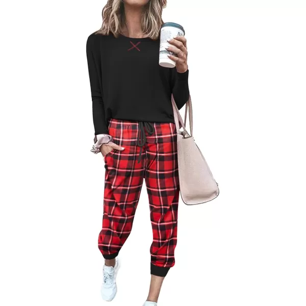 Ekouaer Womens Pajamas Sets Long Sleeve with Plaid Pants Soft Sleepwear O Neck 2 Piece Pjs Joggers Loung Set with PocketsPat4