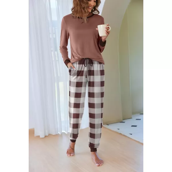 Ekouaer Womens Pajamas Sets Long Sleeve with Plaid Pants Soft Sleepwear O Neck 2 Piece Pjs Joggers Loung Set with PocketsPat43