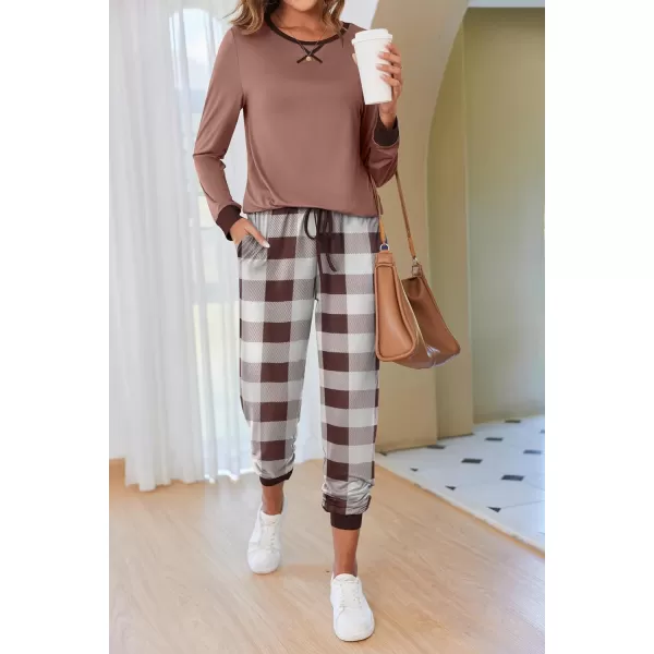 Ekouaer Womens Pajamas Sets Long Sleeve with Plaid Pants Soft Sleepwear O Neck 2 Piece Pjs Joggers Loung Set with PocketsPat43