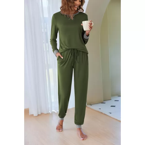 Ekouaer Womens Pajamas Sets Long Sleeve with Plaid Pants Soft Sleepwear O Neck 2 Piece Pjs Joggers Loung Set with PocketsZarmy Green