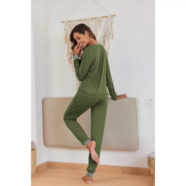 Ekouaer Womens Pajamas Sets Long Sleeve with Plaid Pants Soft Sleepwear O Neck 2 Piece Pjs Joggers Loung Set with PocketsZarmy Green