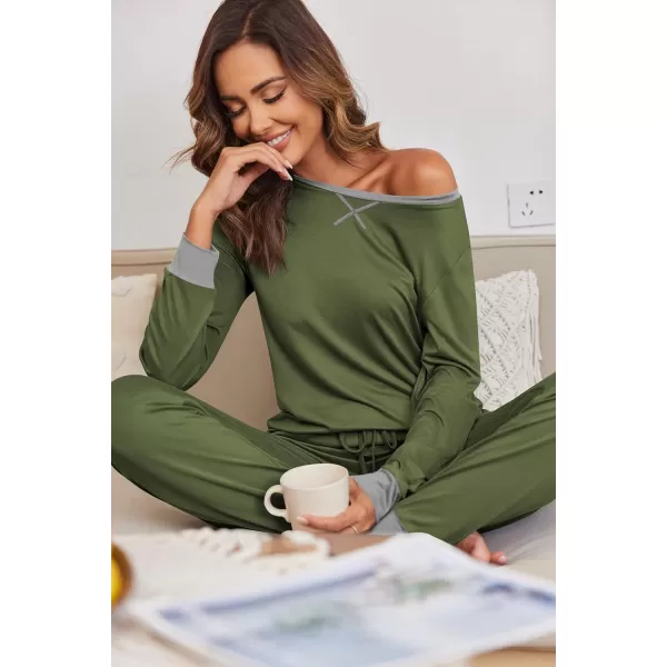 Ekouaer Womens Pajamas Sets Long Sleeve with Plaid Pants Soft Sleepwear O Neck 2 Piece Pjs Joggers Loung Set with PocketsZarmy Green