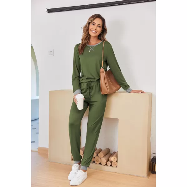 Ekouaer Womens Pajamas Sets Long Sleeve with Plaid Pants Soft Sleepwear O Neck 2 Piece Pjs Joggers Loung Set with PocketsZarmy Green