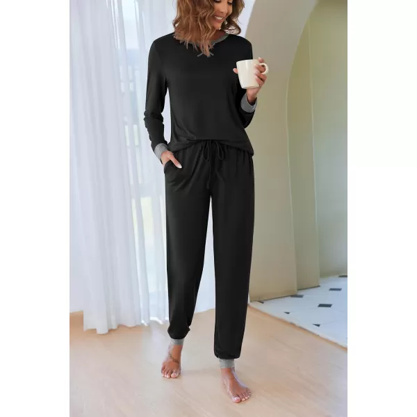 Ekouaer Womens Pajamas Sets Long Sleeve with Plaid Pants Soft Sleepwear O Neck 2 Piece Pjs Joggers Loung Set with PocketsZblack