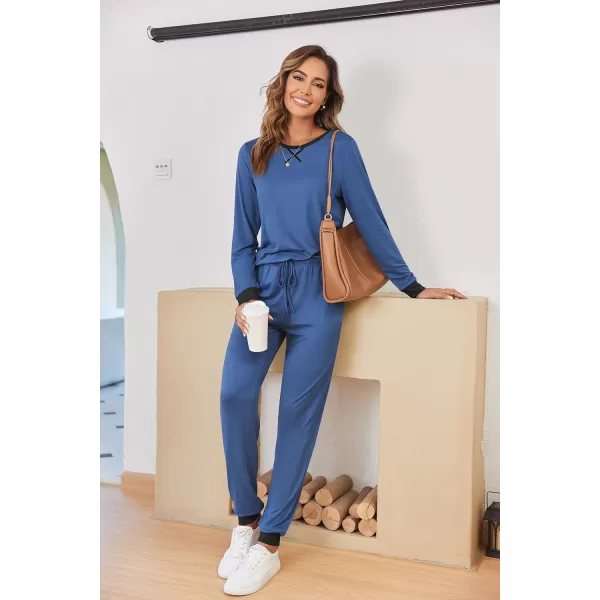 Ekouaer Womens Pajamas Sets Long Sleeve with Plaid Pants Soft Sleepwear O Neck 2 Piece Pjs Joggers Loung Set with PocketsZblue