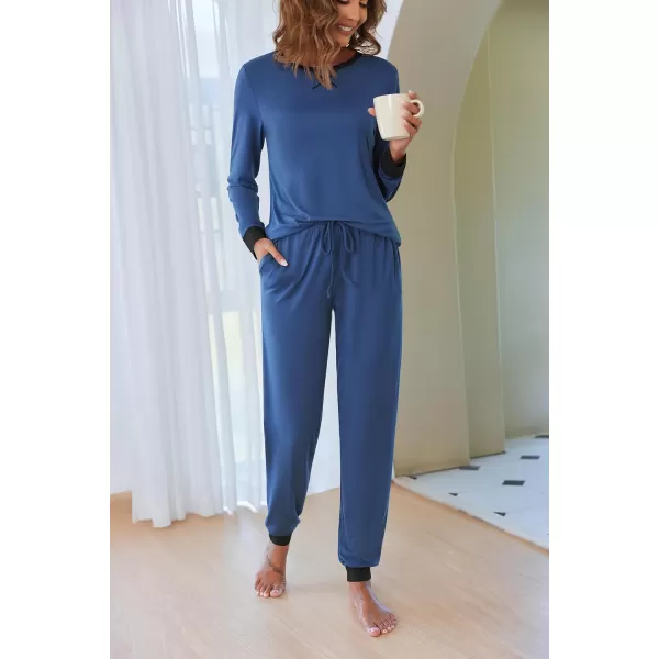 Ekouaer Womens Pajamas Sets Long Sleeve with Plaid Pants Soft Sleepwear O Neck 2 Piece Pjs Joggers Loung Set with PocketsZblue